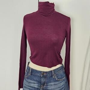 Burgundy and navy striped top long sleeve turtleneck top.